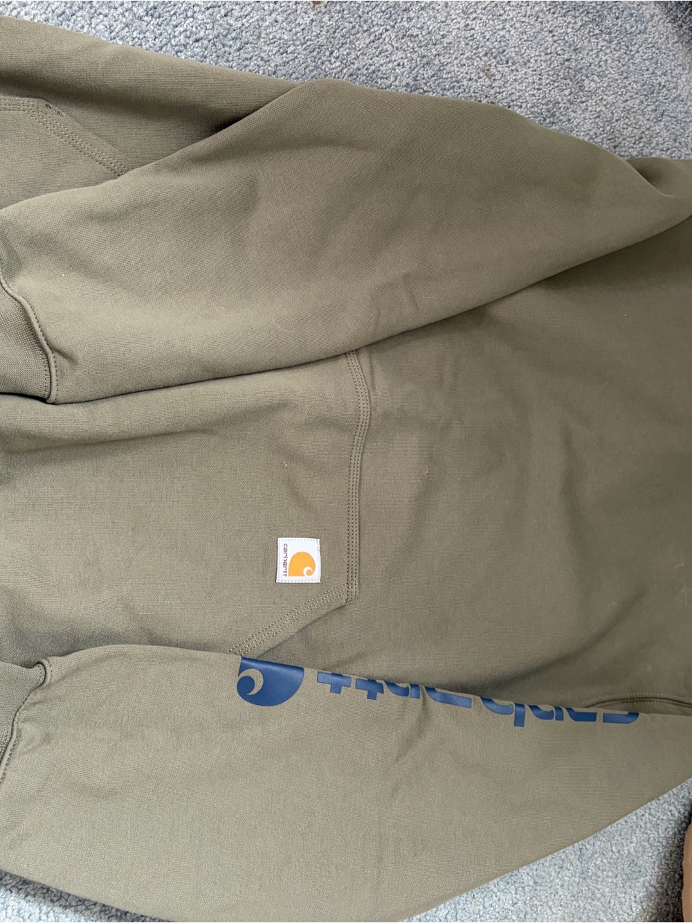 Carhartt Olive Green Pullover with Blue Logo Detail